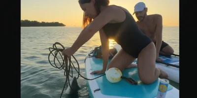 Paddle boarder salva squalo impigliato in una corda