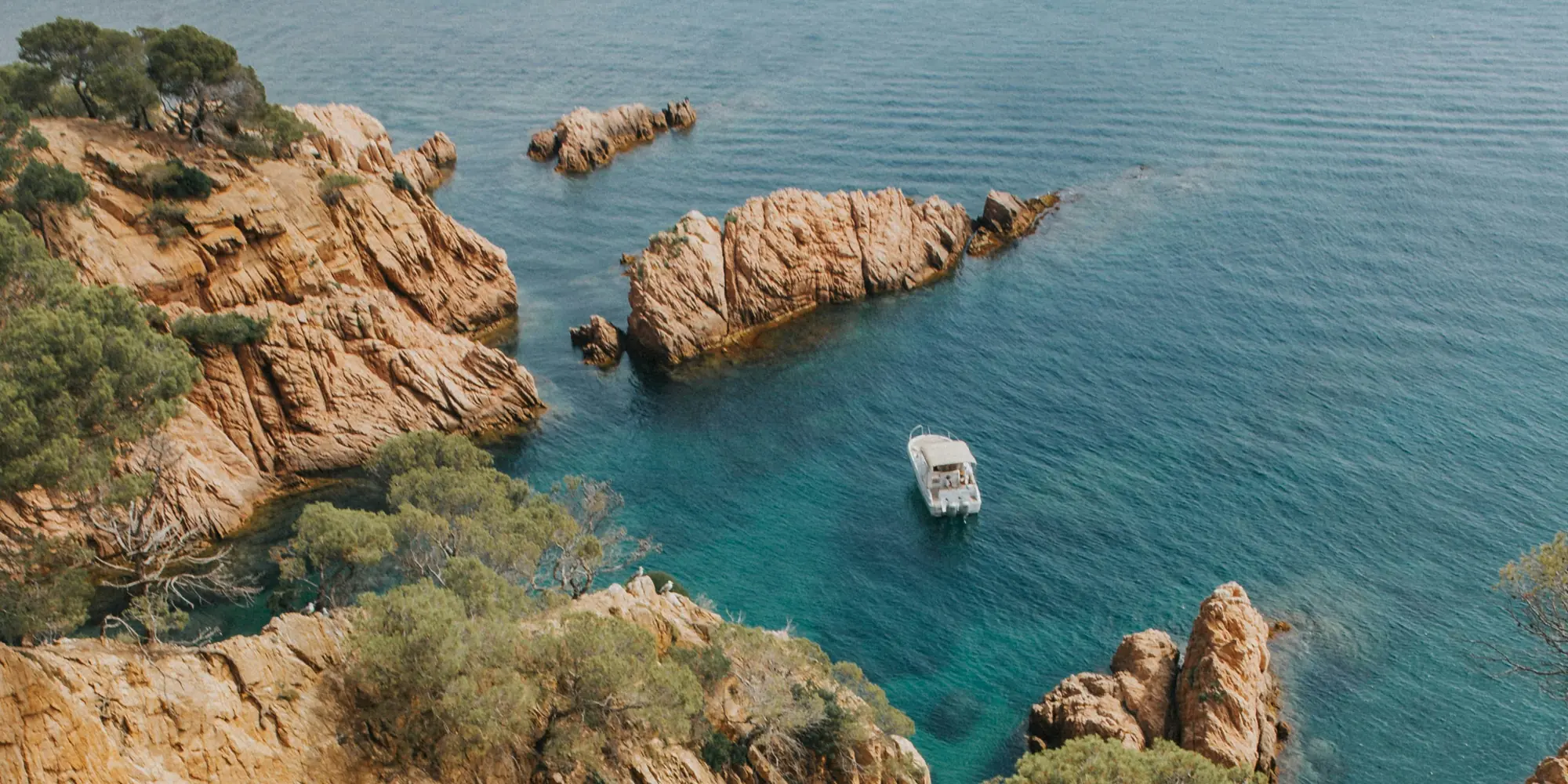 Immersioni con gli squali sulla costa rocciosa della Spagna con barca in mare