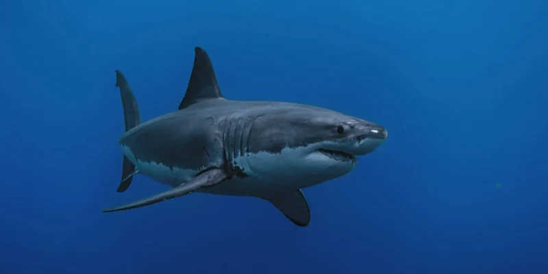 Squalo bianco (Carcharodon carcharias) in acque blu