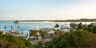 Piccolo porto a Bimini con barche a vela, barche a motore, costa e mare