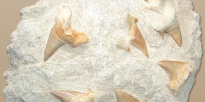 Diversi denti fossili di squalo in un blocco di roccia