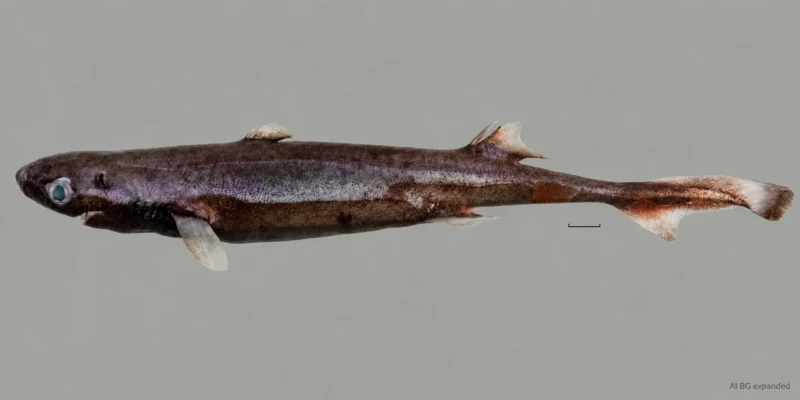 Femmina fresca di Etmopterus bulbosus con muso tondo, due pinne dorsali e barra di scala; sfondo ampliato con IA
