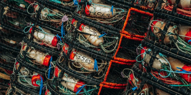 Attrezzi da pesca accatastati con reti, cime e galleggianti