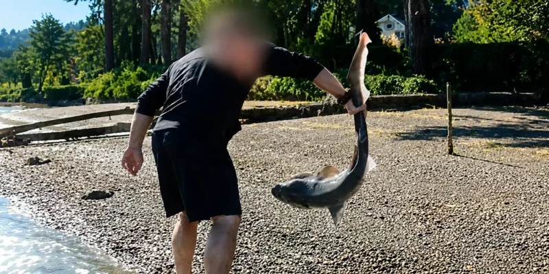 Un uomo tiene per la coda uno squalo Sevengill dal naso largo durante un'indagine nello stato di Washington
