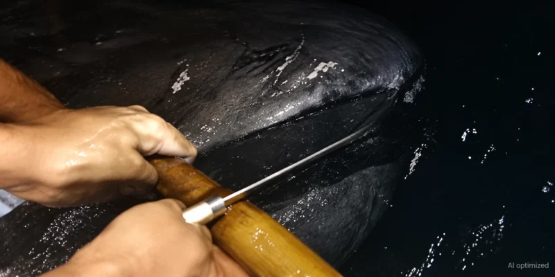 Mani con un coltello vicino alla bocca di uno squalo bocca grande; fotogramma migliorato con IA