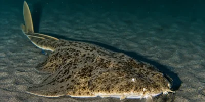 Squatina Squatina squatina distesa sulla sabbia