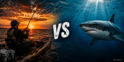 Pescatore in kayak di fronte a uno squalo come simbolo della predazione del pescato