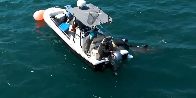 Ricercatore che marca a distanza uno squalo bianco da una barca