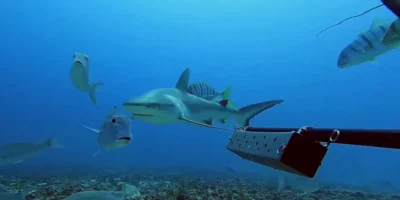 Squalo grigio di barriera che nuota tra carangidi alle Seychelles