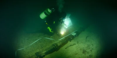 Subacqueo che esamina un cavo sottomarino colonizzato sul fondale di Paimpol-Bréhat