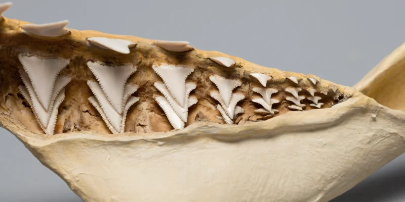 Denti triangolari seghettati in una mascella conservata di squalo bianco